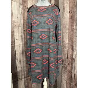 Simply Southern Black Sequined Red Grey Aztec Long Sleeve Dress Large NWT Gift